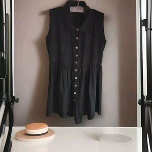 Vintage Rated R Babydoll Dress 100% Linen Black MOP Buttons Sleeveless S